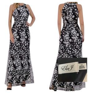 Eliza J Size 14 Petite 3D Floral Halter Mermaid Gown Black And White Maxi Dress